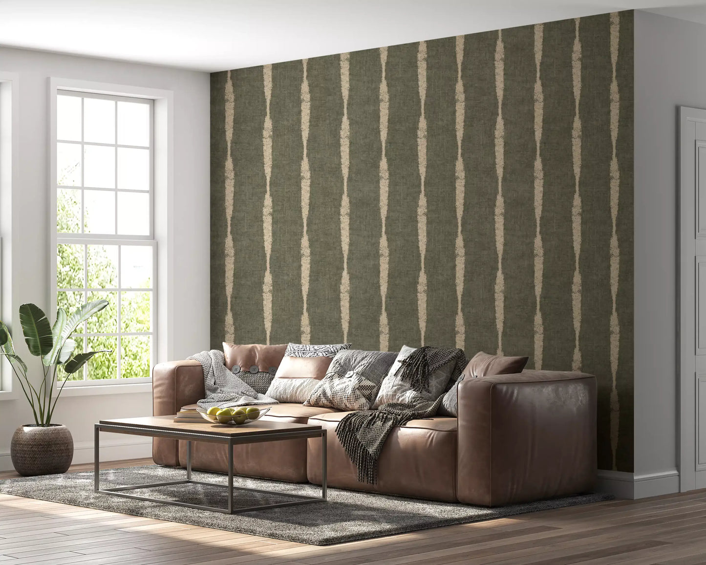 Warm beige gestructureerde verweerde strepen op gedempte groene behang⁠