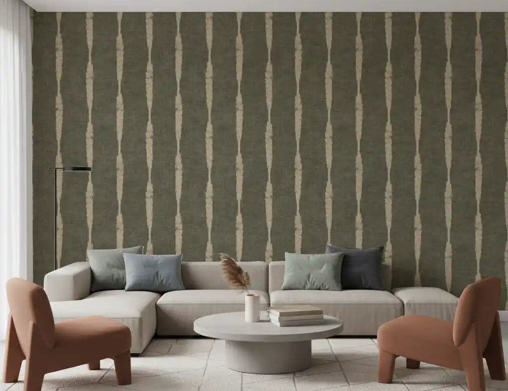 Living room paired with warm beige and muted green distressed stripe wallpaper