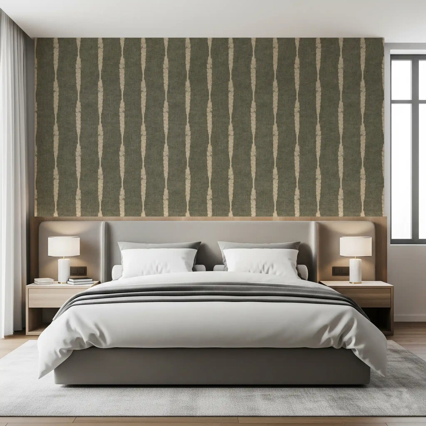 Warm beige gestructureerde verweerde strepen op gedempte groene behang⁠