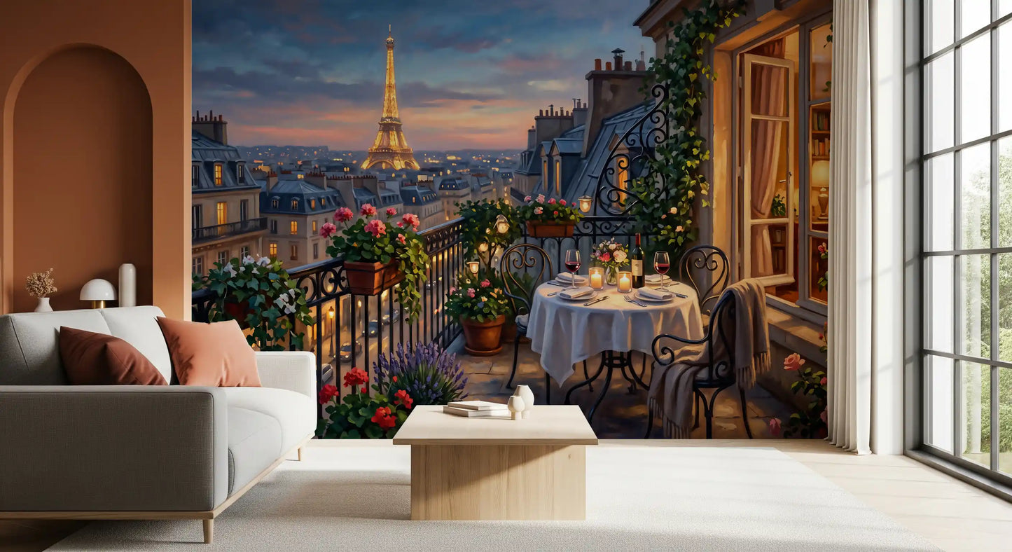 Eiffel Tower glows golden in the Parisian Balcony Romance wall mural skyline.