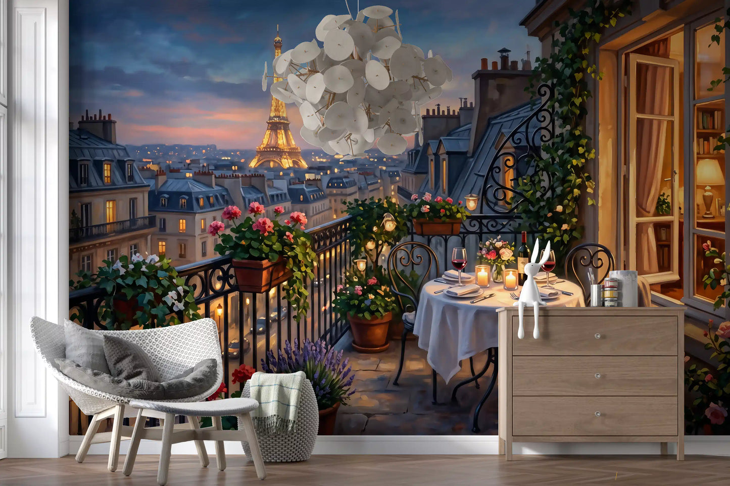 Pink geraniums spill from iron planters in this Parisian Balcony wall mural.