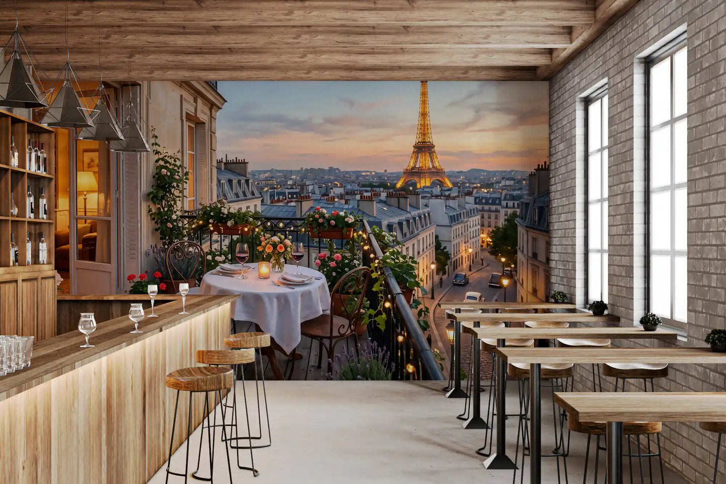 Two wine glasses and a candle on linen in the Parisian Sunset Romance wall mural.