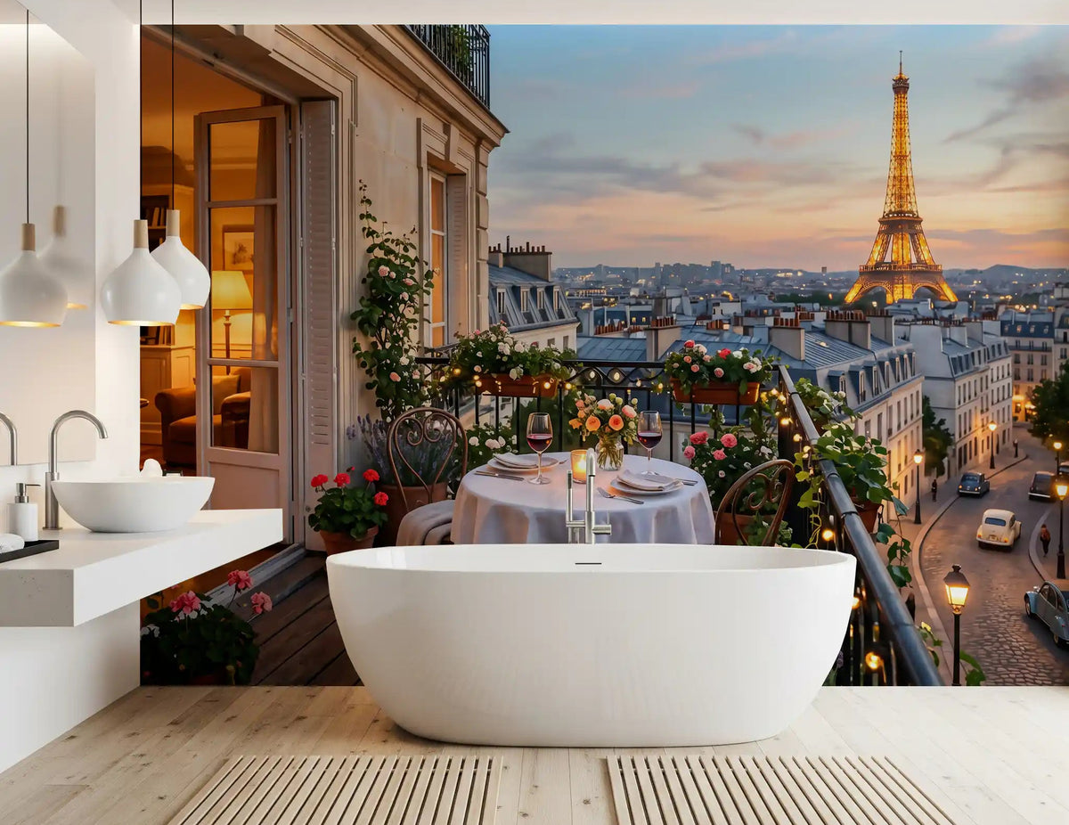 Bathroom styled around the Parisian Balcony Sunset Romance wall mural at dusk.