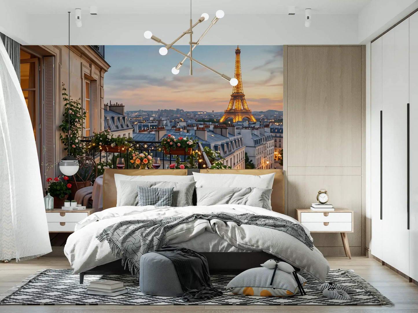 Restful bedroom calm paired with the Parisian Balcony Sunset wall mural.