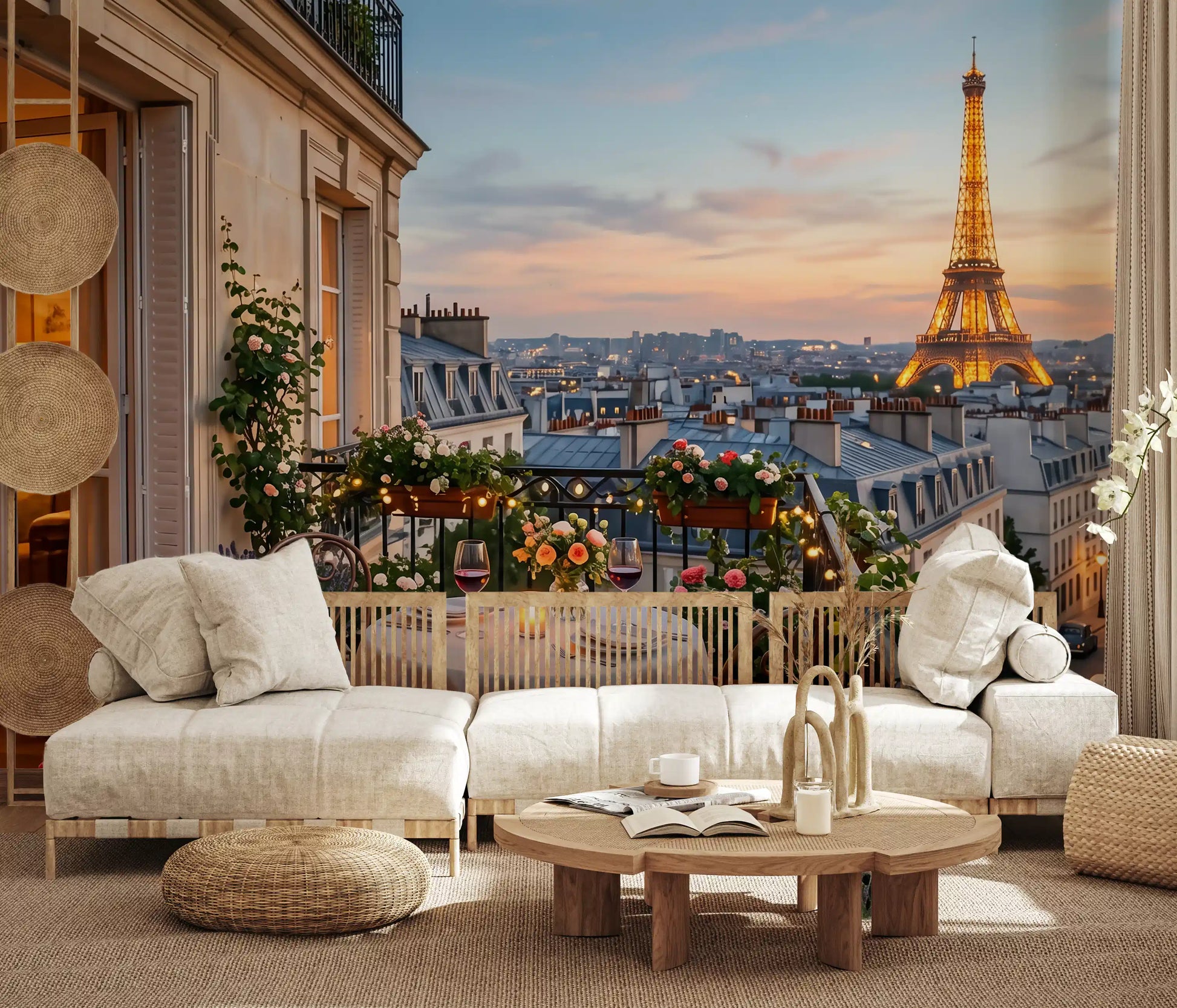 Living room aglow under the Parisian Balcony Sunset Romance wall mural.