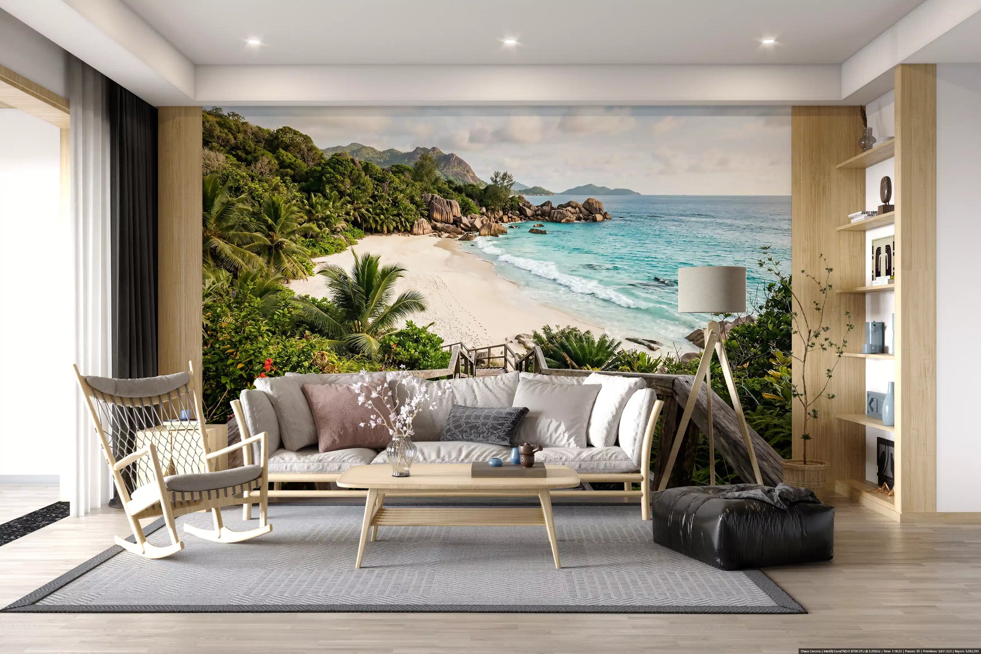 A tropical shoreline fills the living room through this turquoise wall mural