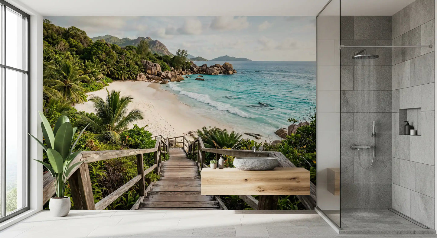 Weathered steps drop toward a clear blue bay in this island wall mural