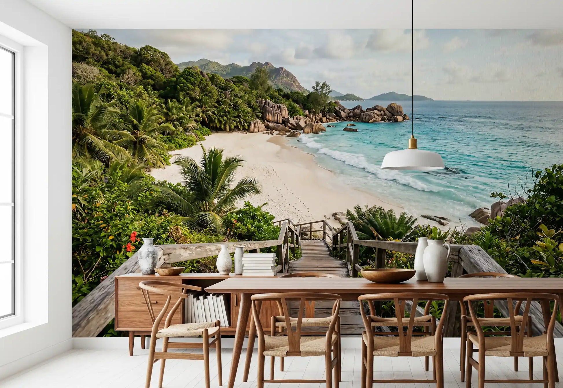 Boardwalk-to-shore scenery keeps a Dining room calm with this wall mural