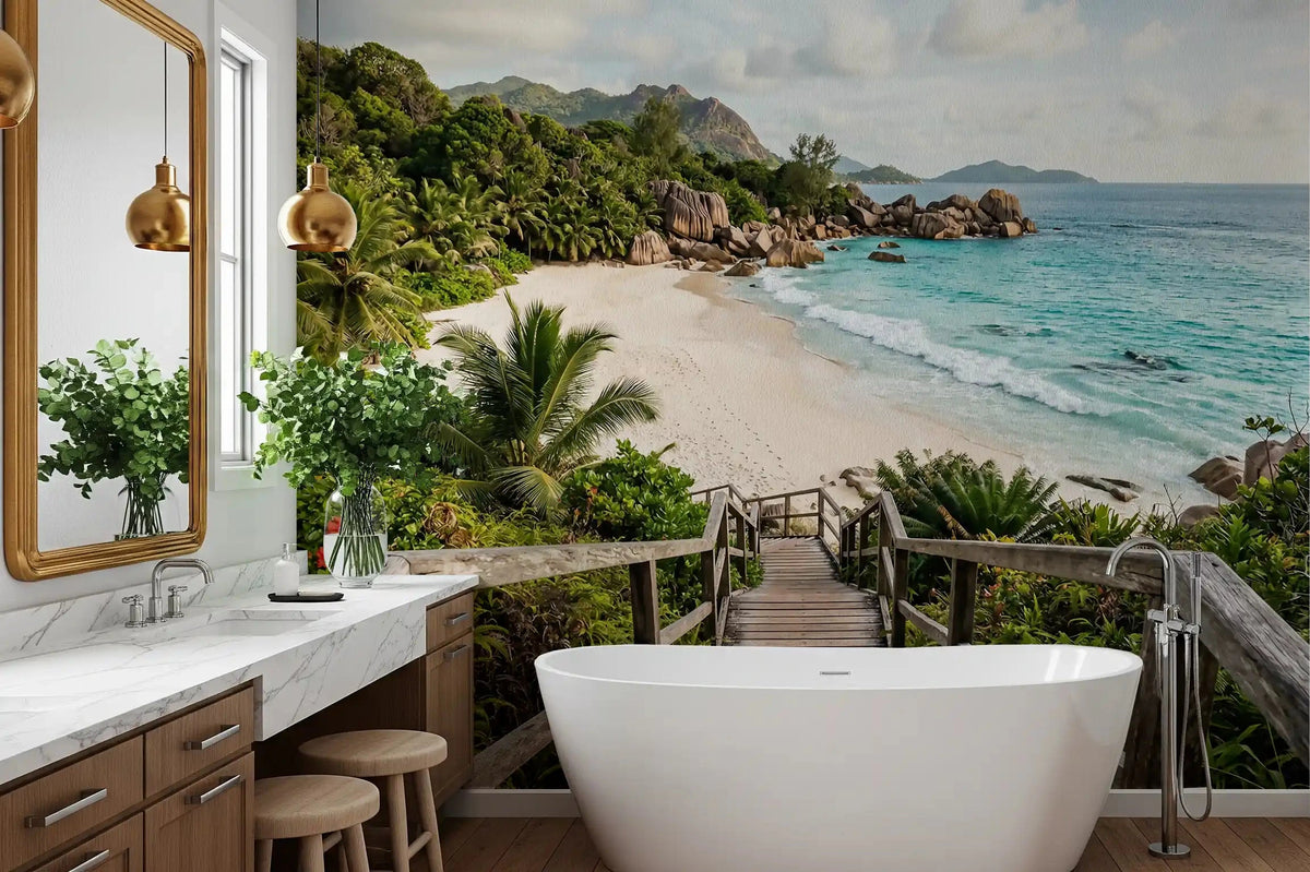 Island Steps wall mural lends a coastal calm to a bright bathroom