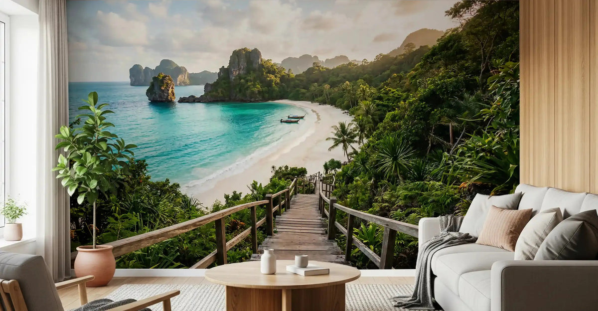 Emerald Bay Serenity wall mural opens a bright coastal view in a living room.
