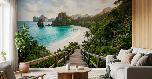 Emerald Bay Serenity wall mural opens a bright coastal view in a living room.