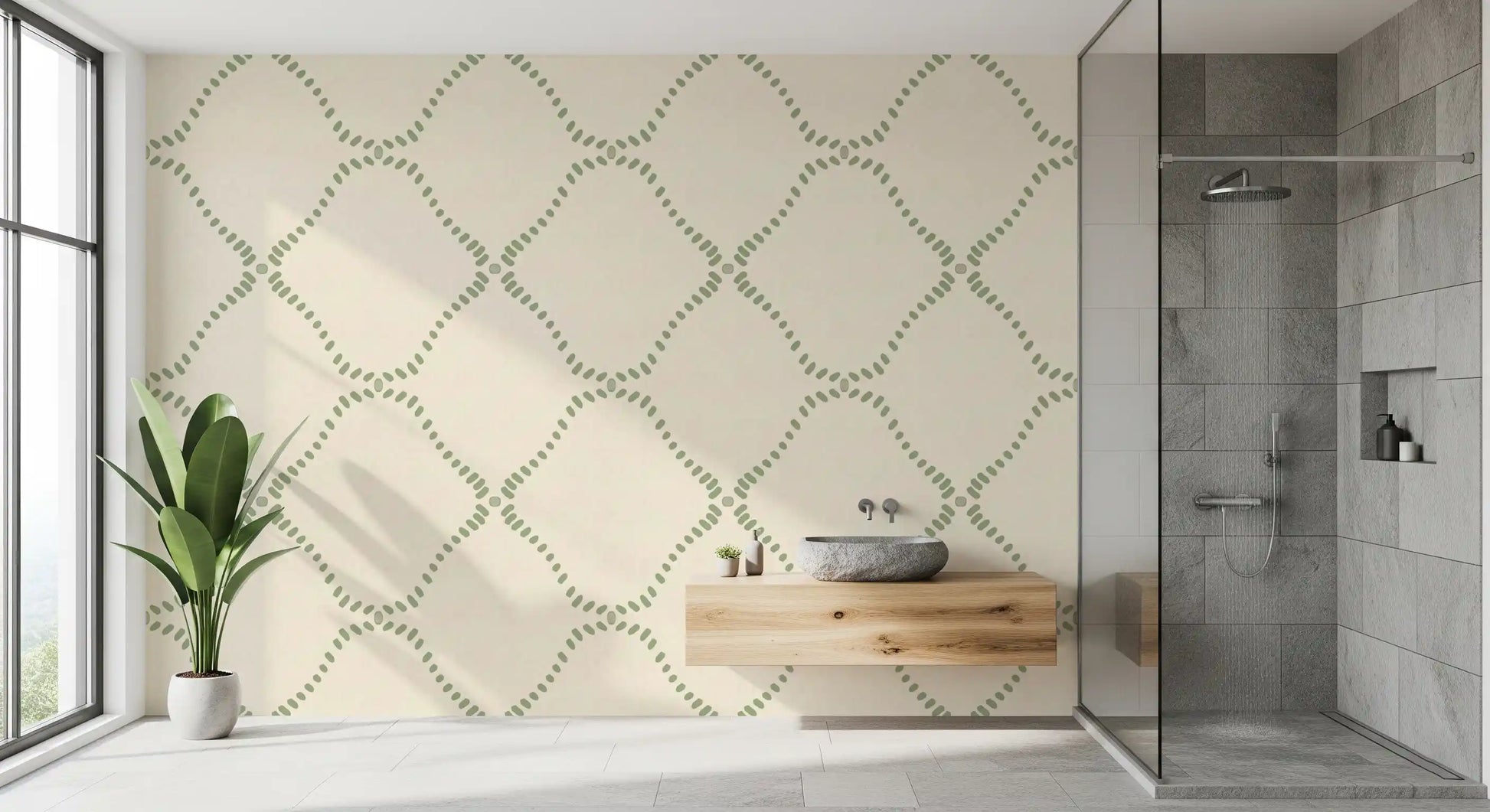 Sage dots on cream keep a small bathroom feeling fresh with this wallpaper