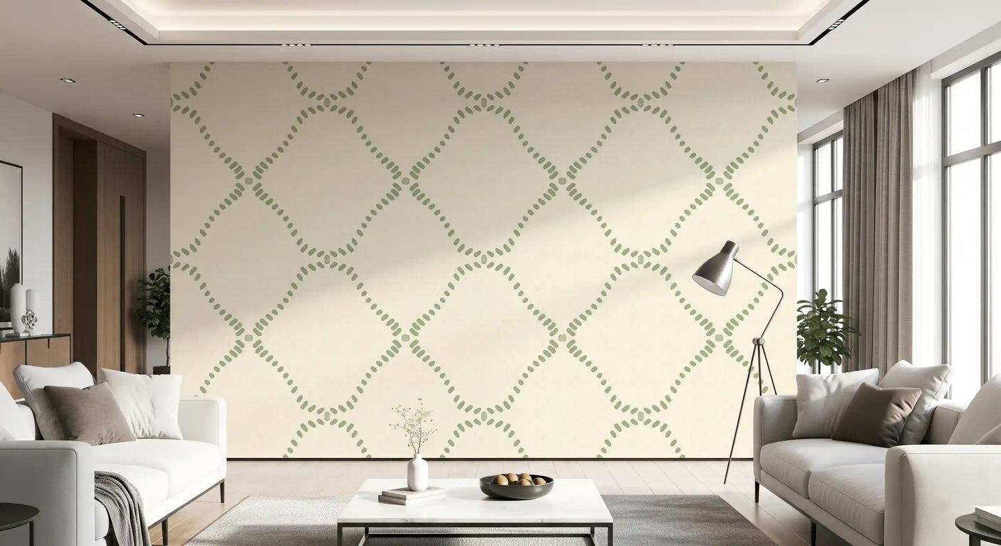 Beachy boho lattice wallpaper with sage green dots on cream linen