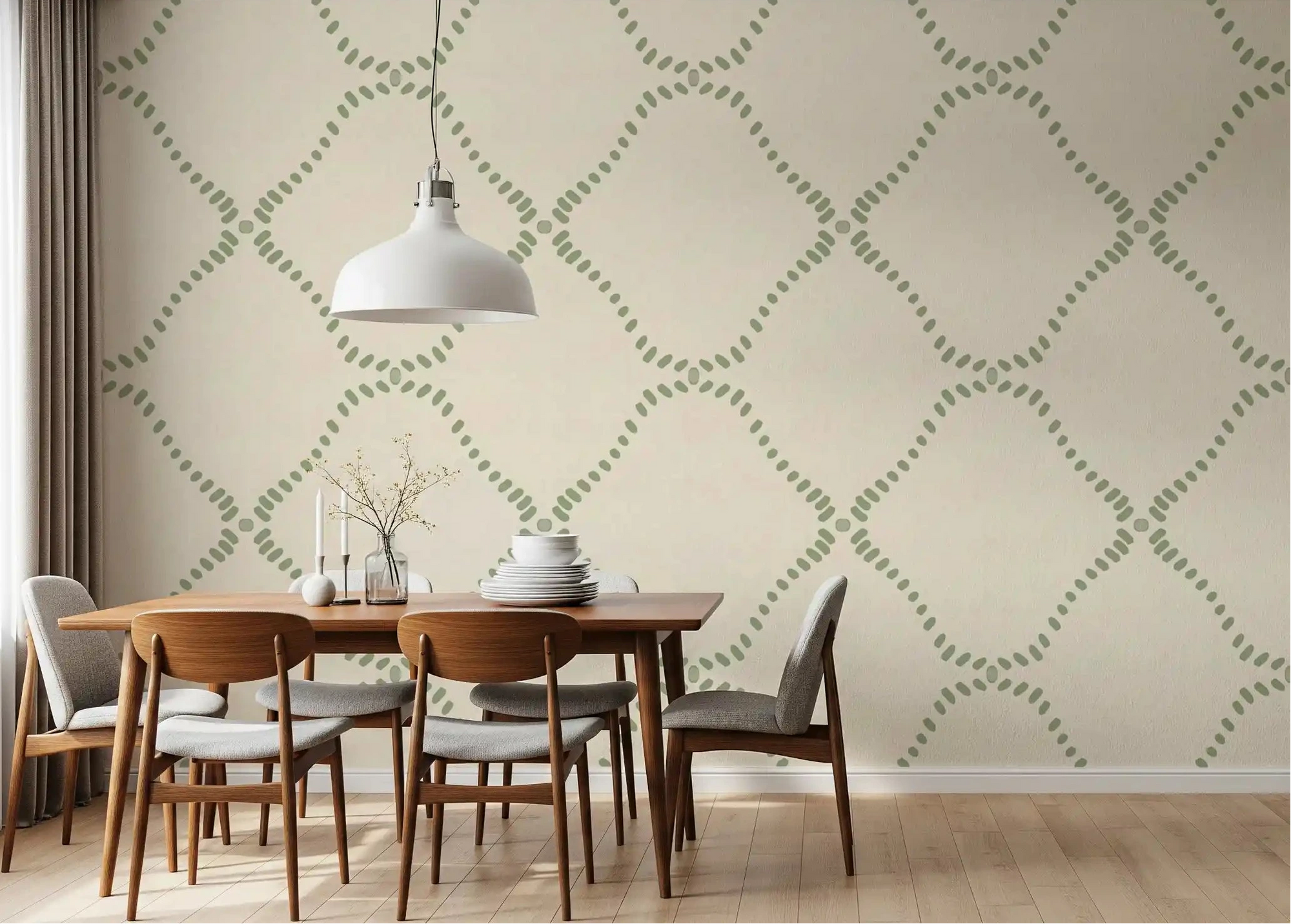 Dotted green lattice wallpaper sets a calm tone in this airy dining room