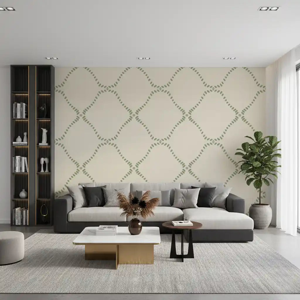 Small green dabs loop into open diamonds across this dotted lattice wallpaper