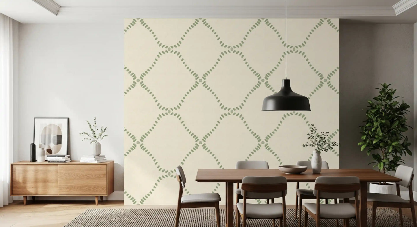 Cream and green trellis wallpaper keeps a Dining room calm and uncluttered