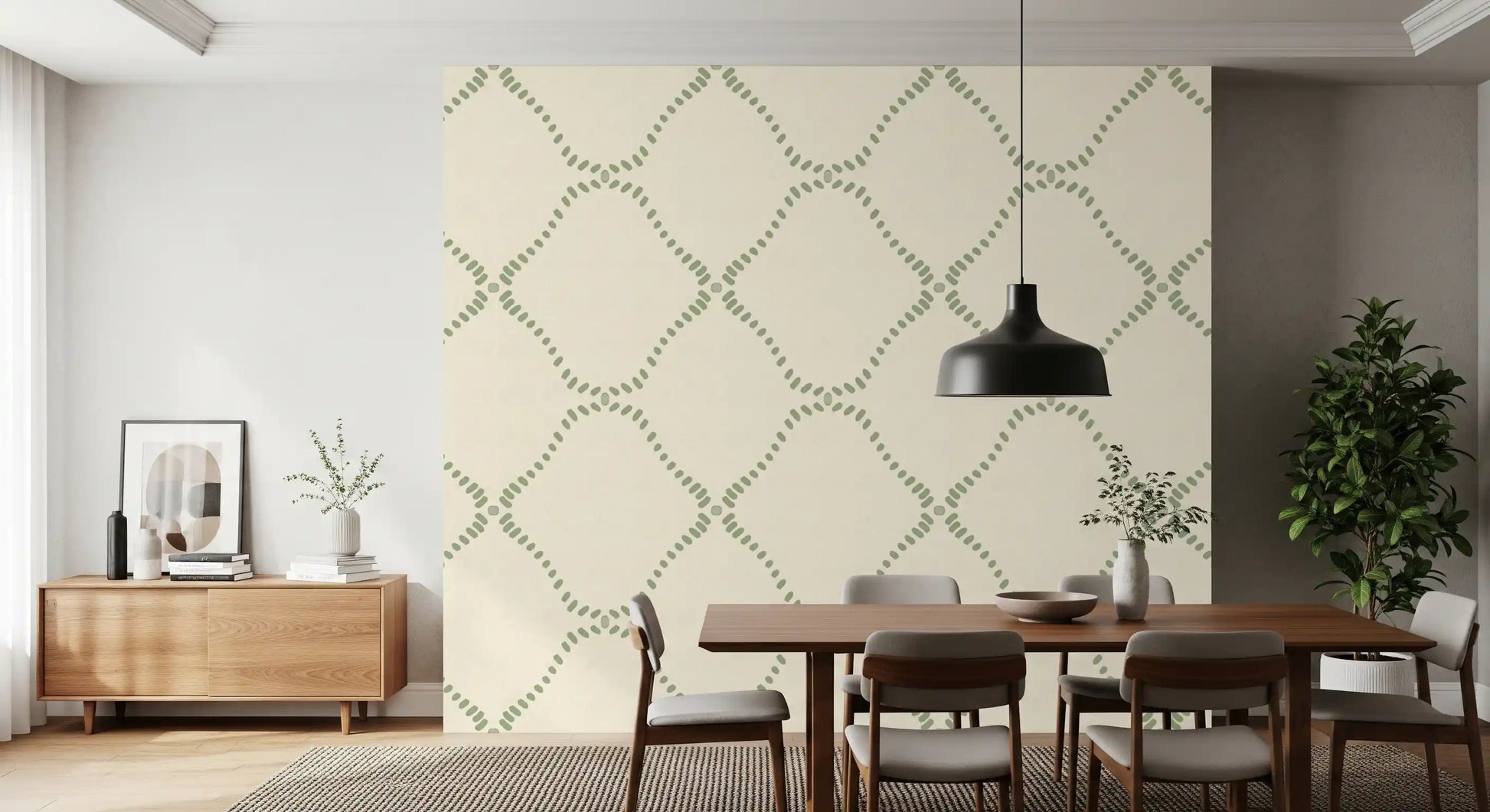 Cream and green trellis wallpaper keeps a Dining room calm and uncluttered