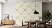 Cream and green trellis wallpaper keeps a Dining room calm and uncluttered