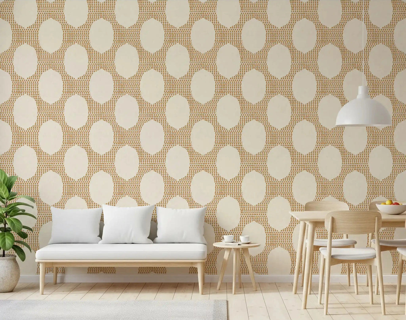 Golden mosaic wallpaper warms up a bright, open Dining room