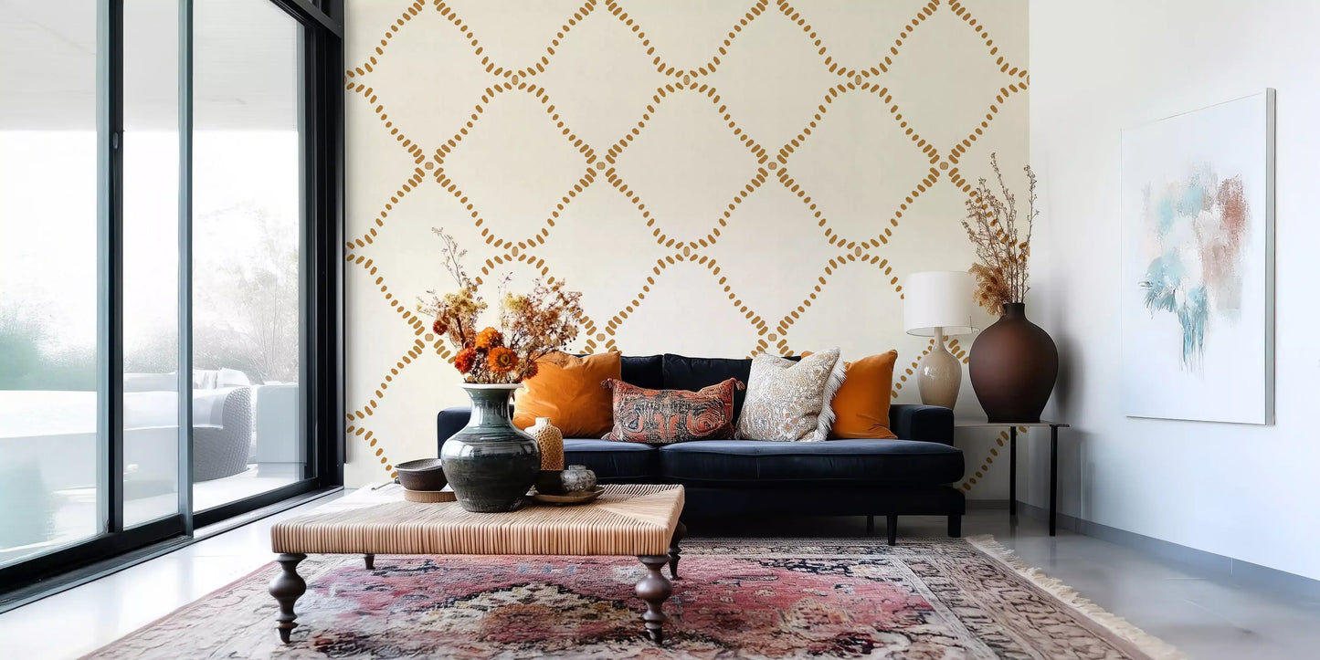 Papel Tapiz de Rejilla Dorada con Puntos Estilo Boho Playero