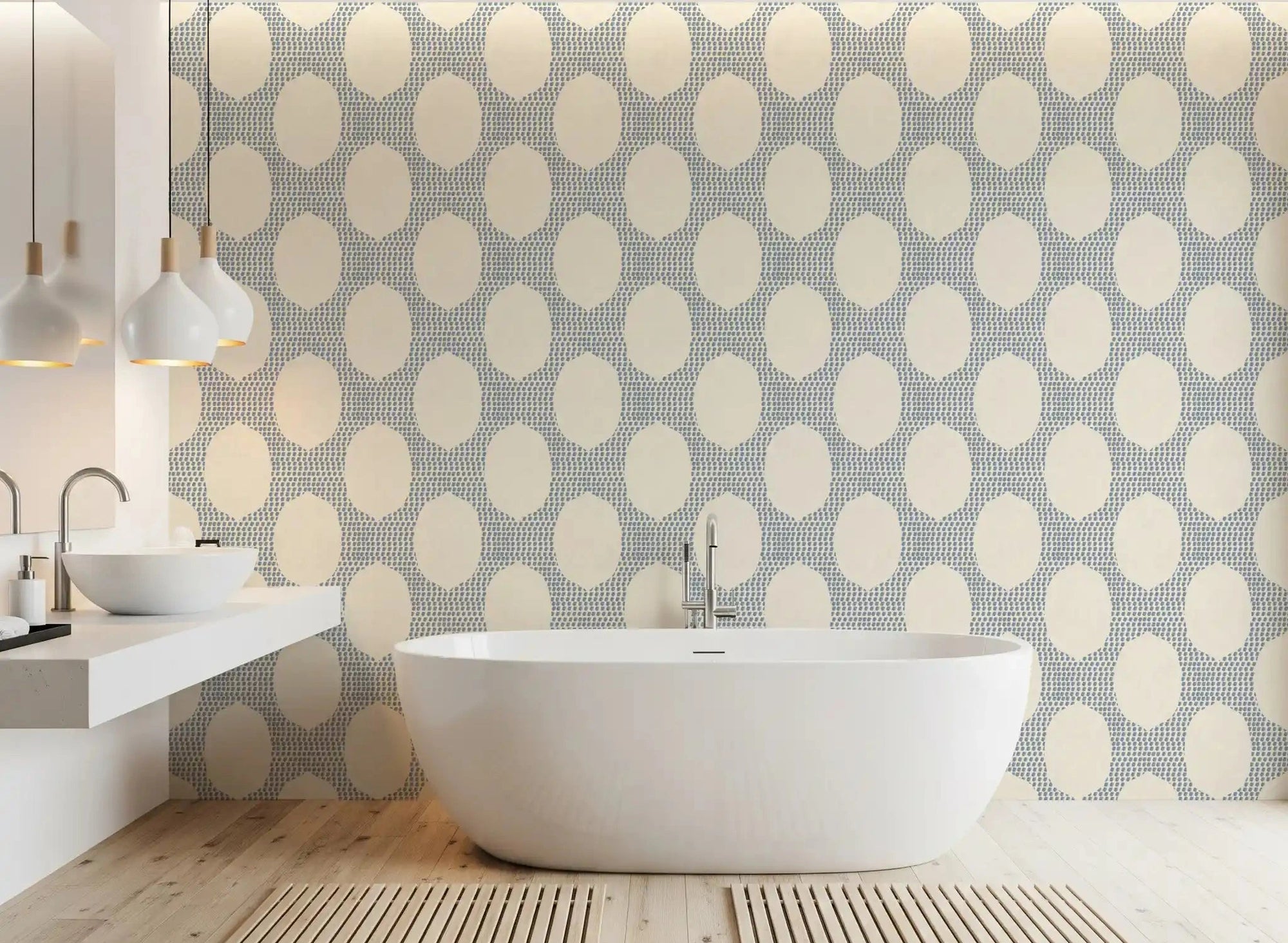 Slate blue mosaic wallpaper keeps a bright bathroom calm and fresh