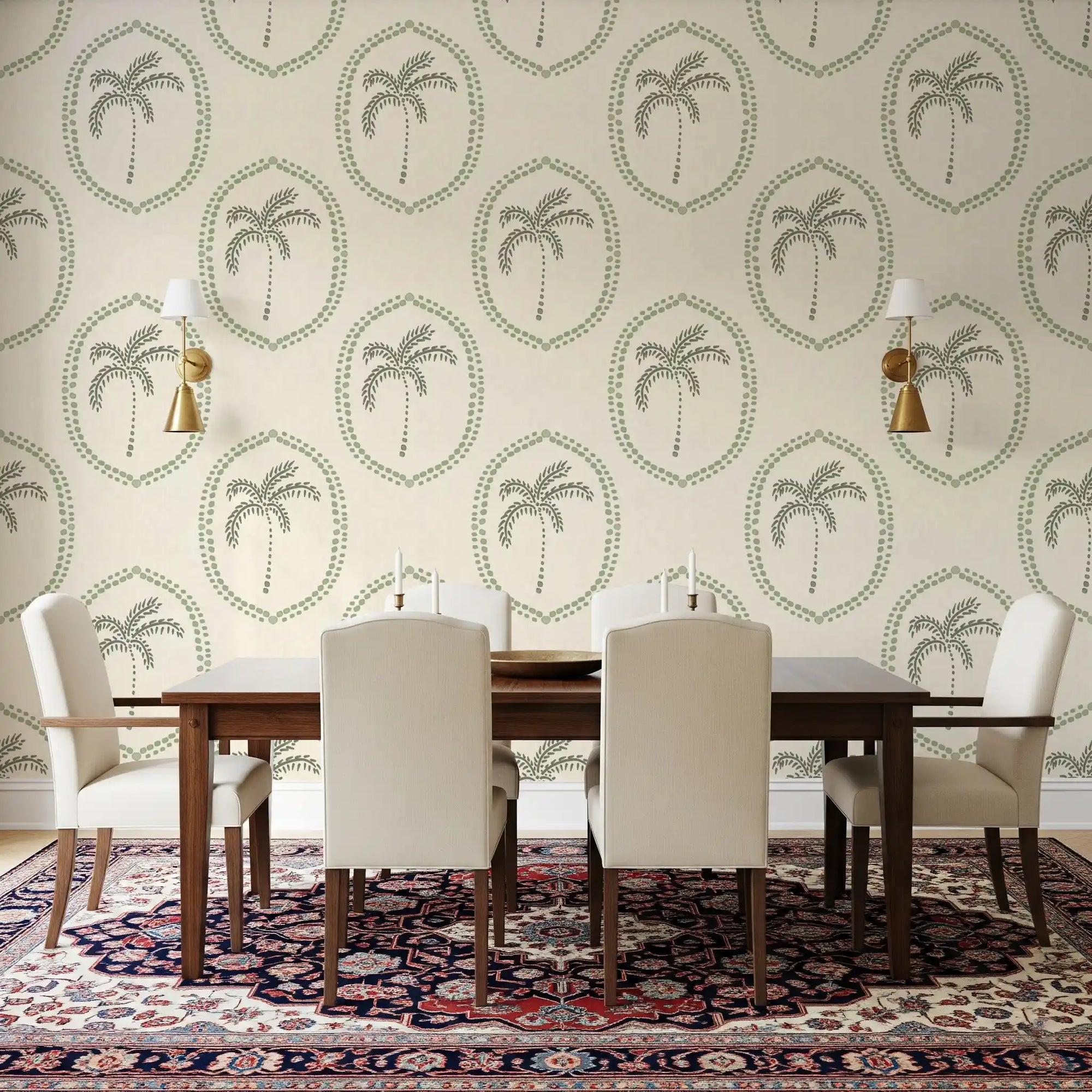 Palm Oasis Medallion wallpaper gives a dining room a calm boho backdrop.