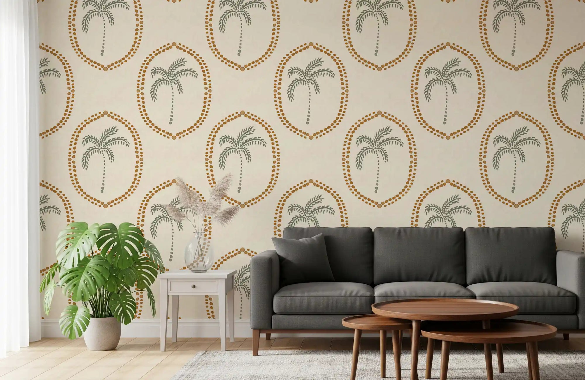 Golden medallion palm wallpaper warms up a bright living room
