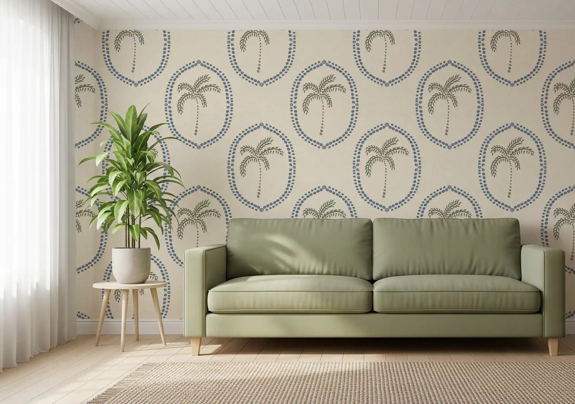 Lounge gains breezy coastal calm from this Slate Blue Medallion wallpaper.