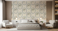 Palm Oasis Medallion wallpaper pairs blue beadwork with olive palms.