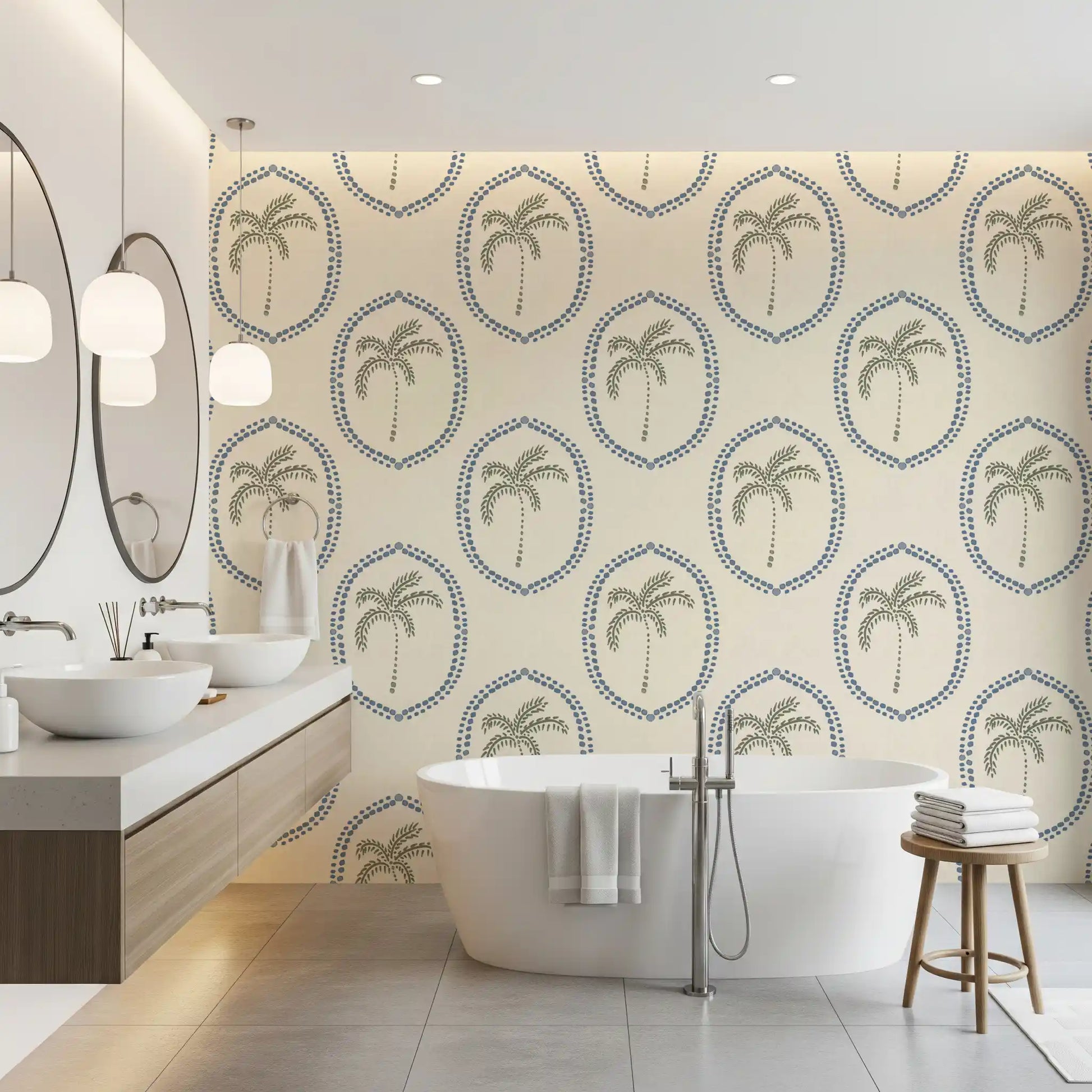 A cream linen ground sets off the Slate Blue Medallion wallpaper motifs.