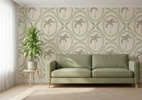 One calm shade of green shapes the framed palms in this boho wallpaper