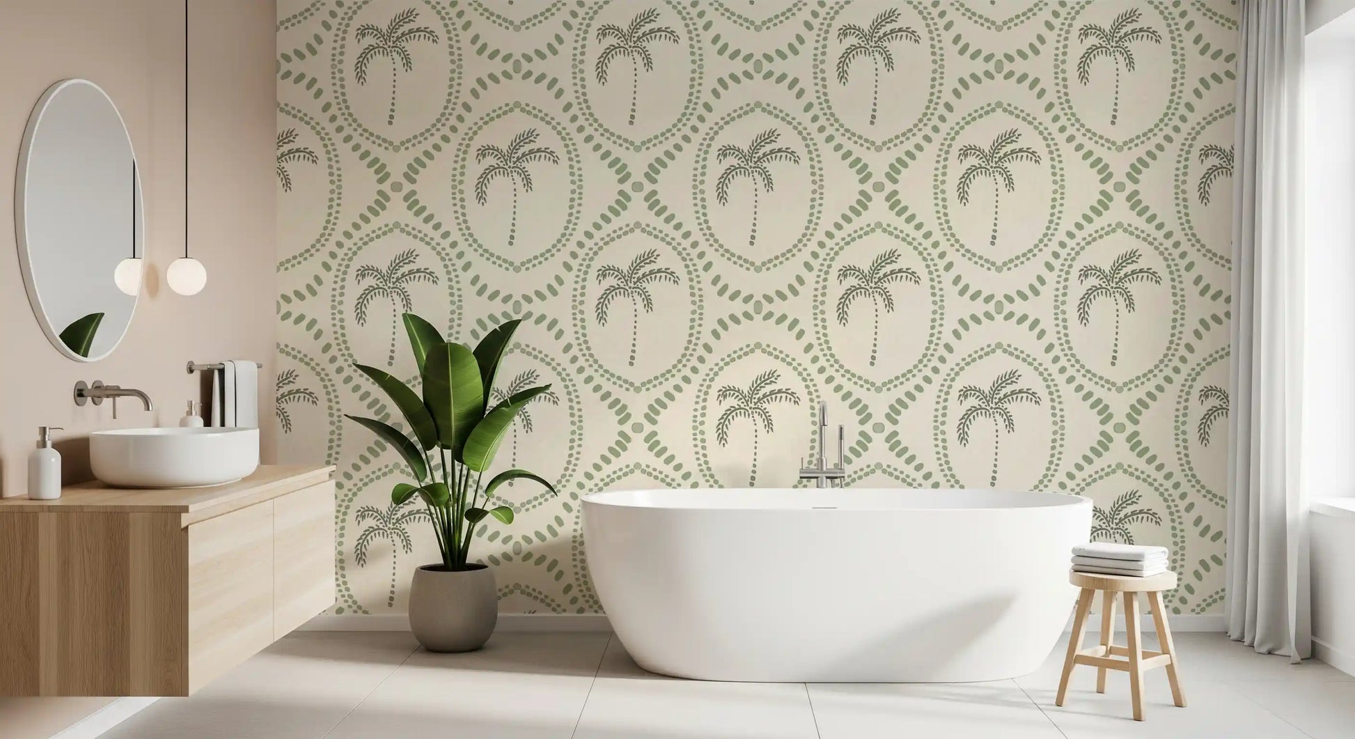Sage palms nestle inside dotted green medallions in this wallpaper