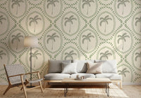 Coastal green palm wallpaper keeps a living room calm and airy