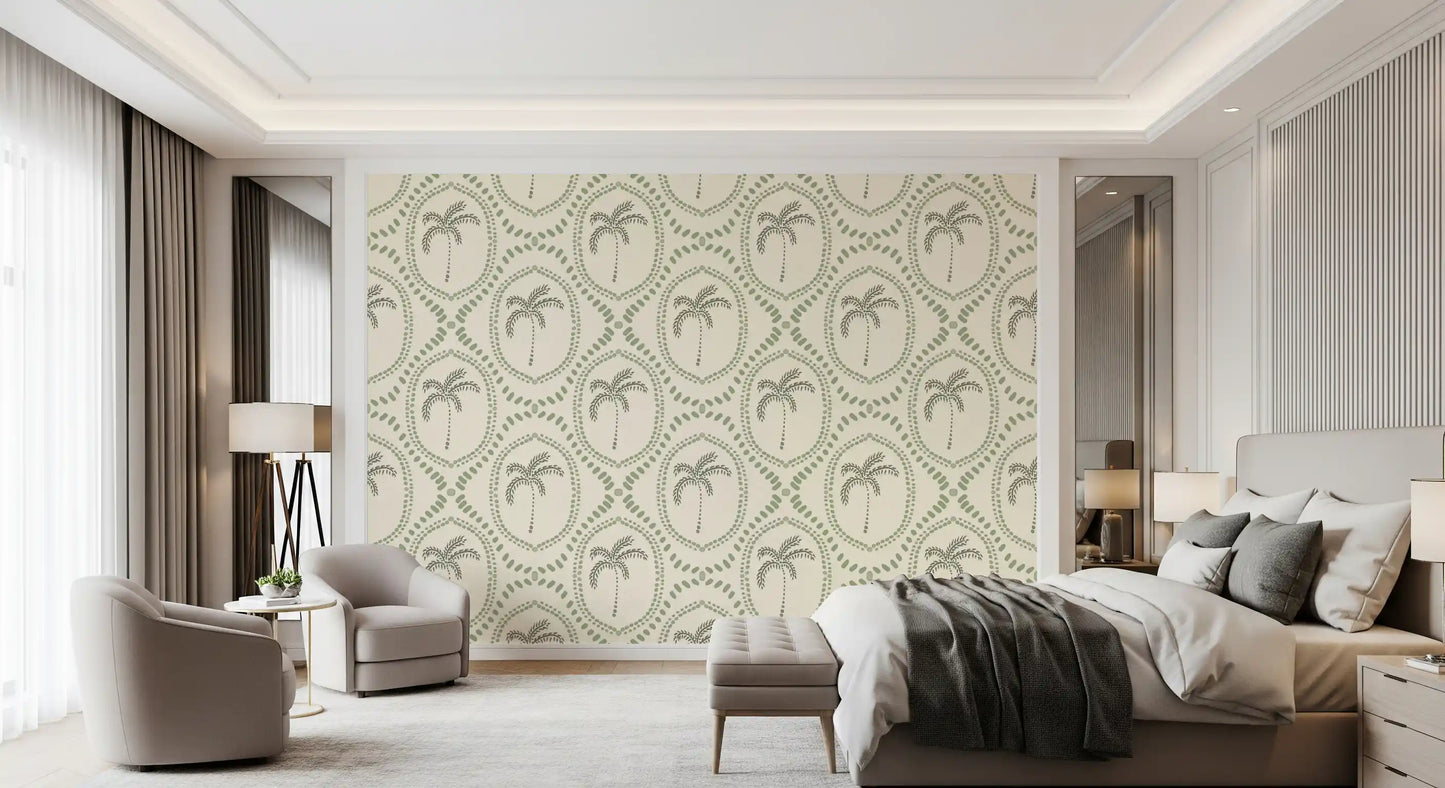 Tonal, almost monochrome motifs give this palm wallpaper a quiet look