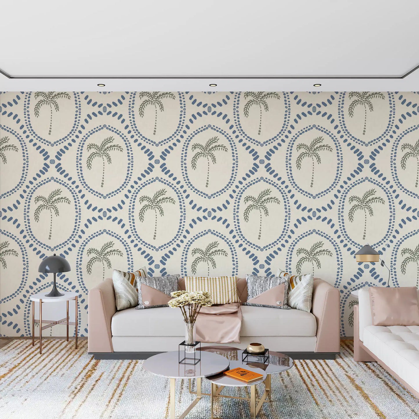 Beachy Boho Palmen-Oase Tapete in Schieferblau