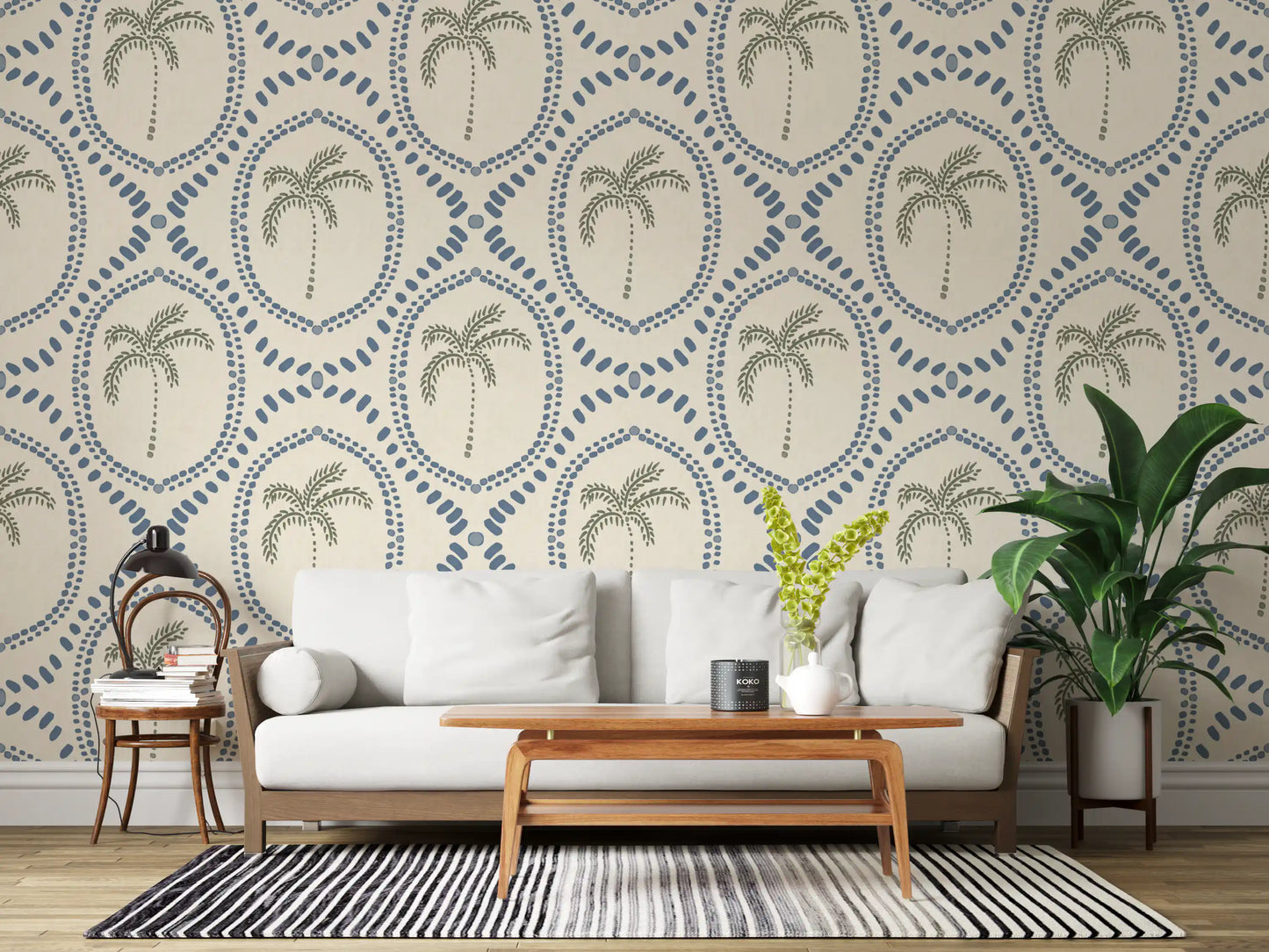 Beachy Boho Palmen-Oase Tapete in Schieferblau