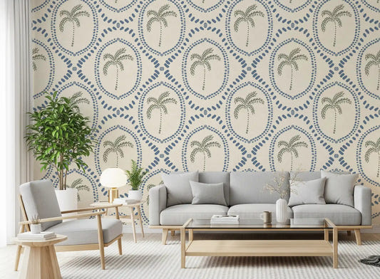 Beachy boho palm oasis wallpaper sets a calm slate-blue tone across this living room