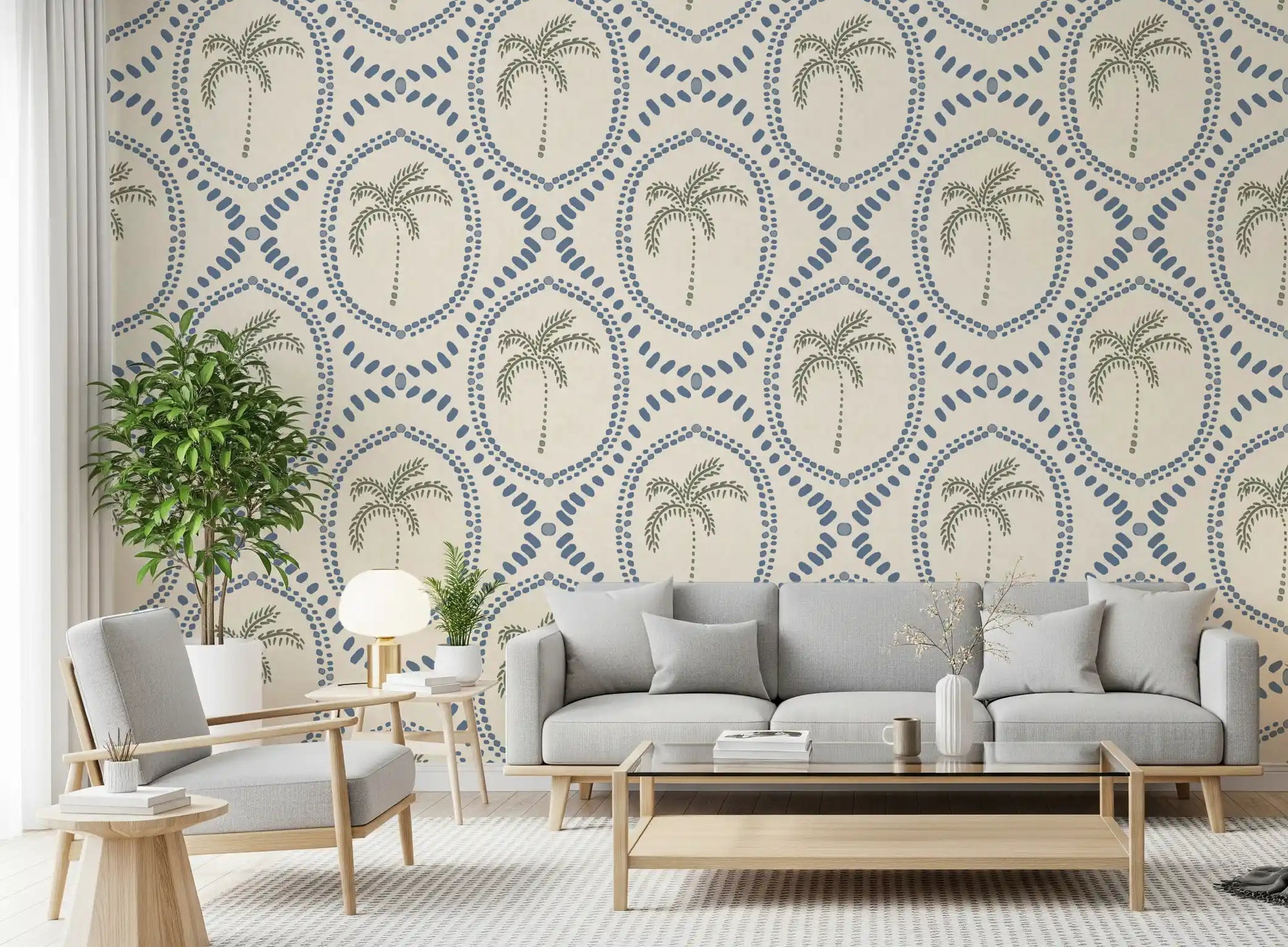 Beachy boho palm oasis wallpaper sets a calm slate-blue tone across this living room
