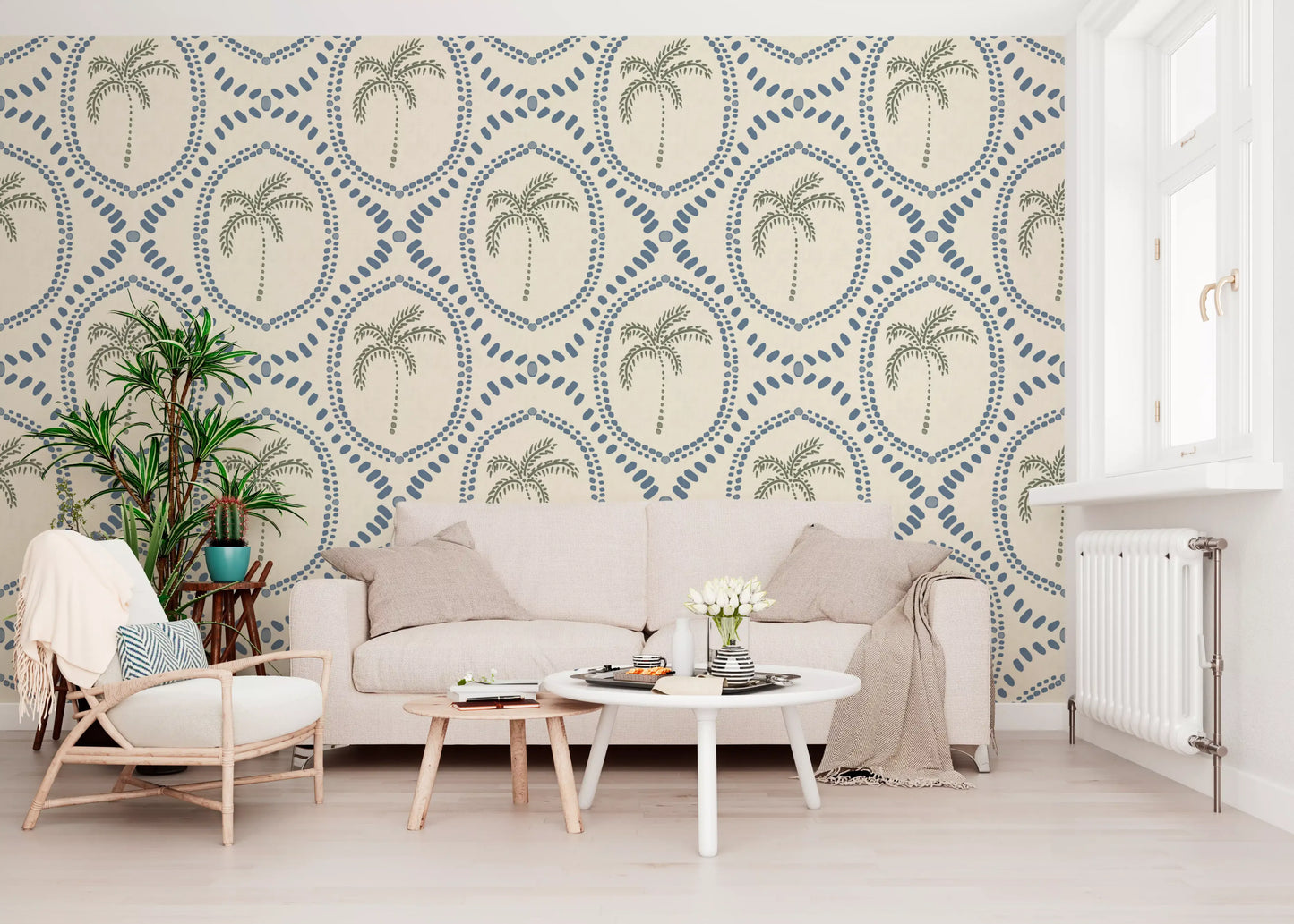 Beachy Boho Palmen-Oase Tapete in Schieferblau