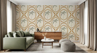 Bright lounge accented by an amazing geometric palm wallpaper pattern
