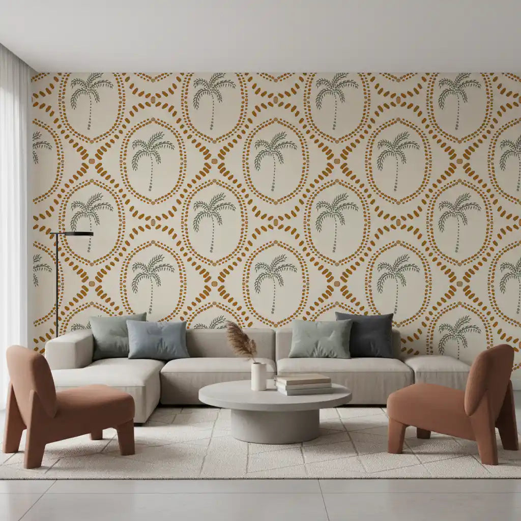 A wonderful geometric arrangement on the beachy boho palm oasis golden wallpaper