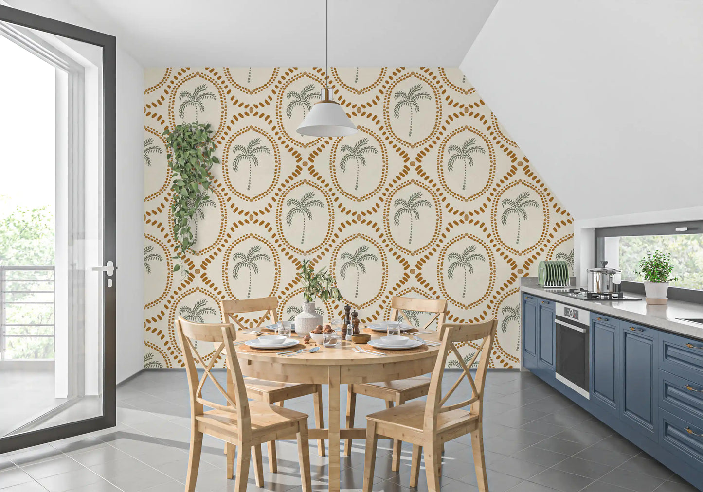 Dining room balanced perfectly with a lovely bohemian boho wallpaper surface