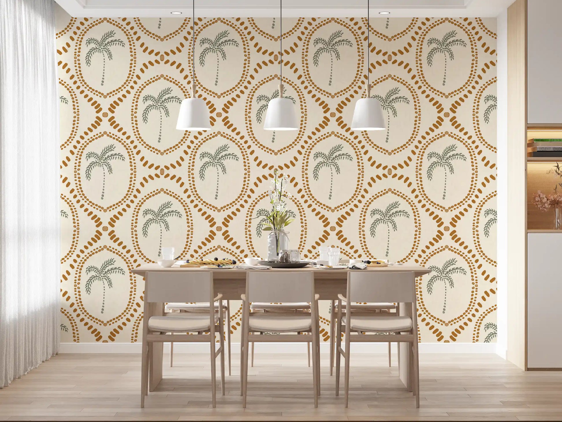 Gorgeous botanical elements within the beachy boho palm oasis golden wallpaper