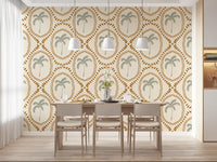 Gorgeous botanical elements within the beachy boho palm oasis golden wallpaper