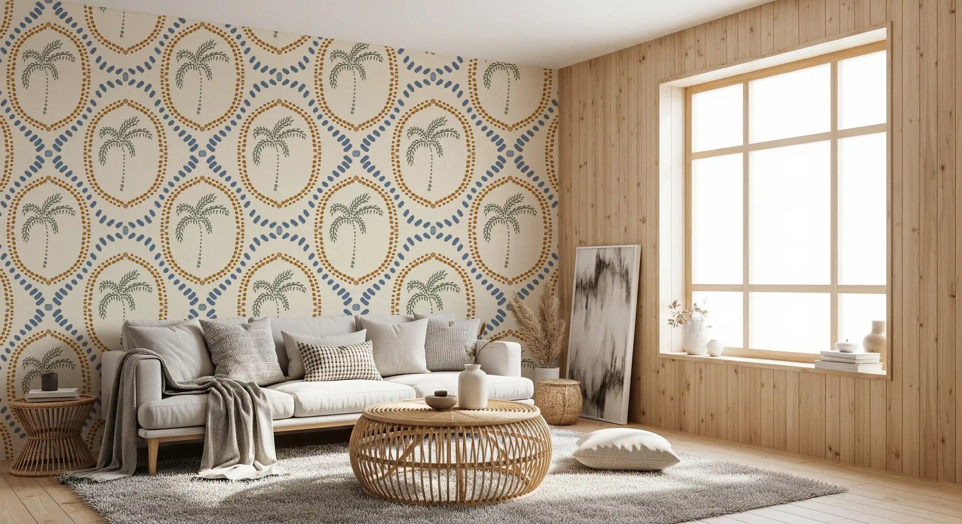 Modern living room interior enhanced by a tropical Boho wallpaper pattern.