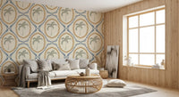 Modern living room interior enhanced by a tropical Boho wallpaper pattern.
