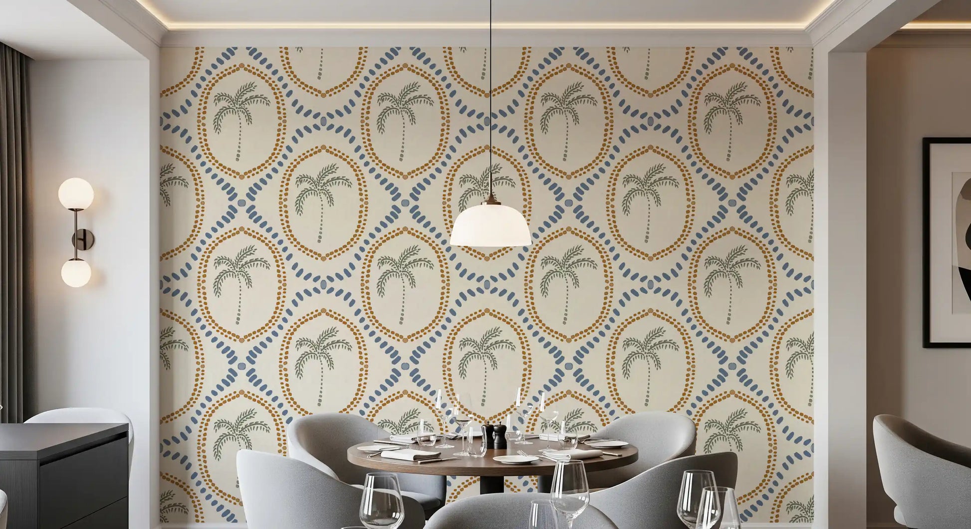 View of the Beachy Boho Palm Oasis Golden & Slate Blue Wallpaper pattern.