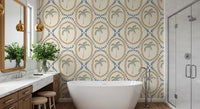 Botanical layout in the Beachy Boho Palm Oasis Golden & Slate Blue Wallpaper.