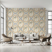 Cozy lounge area accented by a geometric dotted Boho wallpaper background.