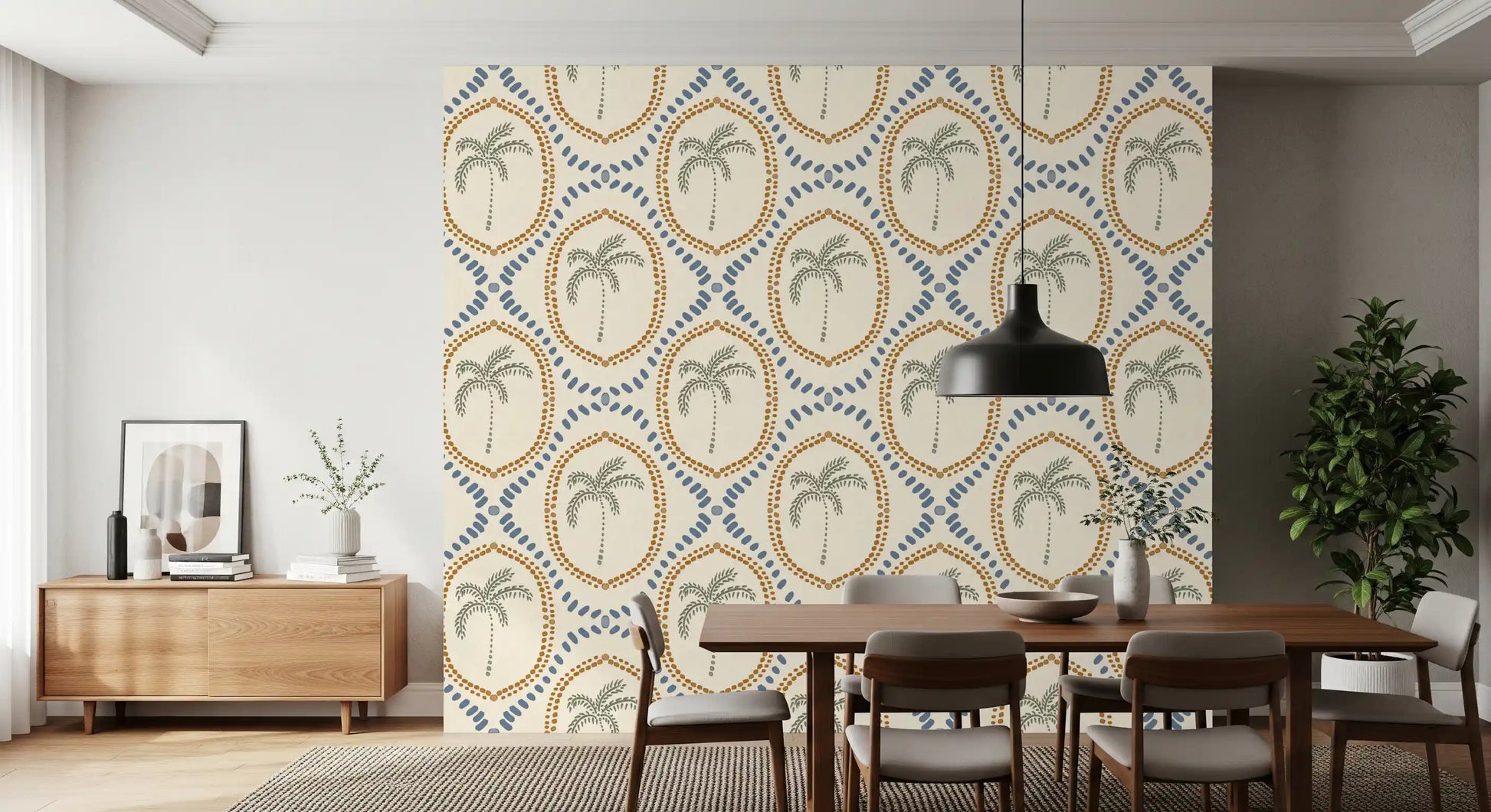 dining room displaying a retro Oasis wallpaper motif.